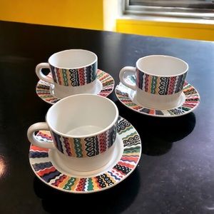 3 Century Stoneware Japan Coffee Tea Cup and Saucer Sets Y2K 1990s Geometric